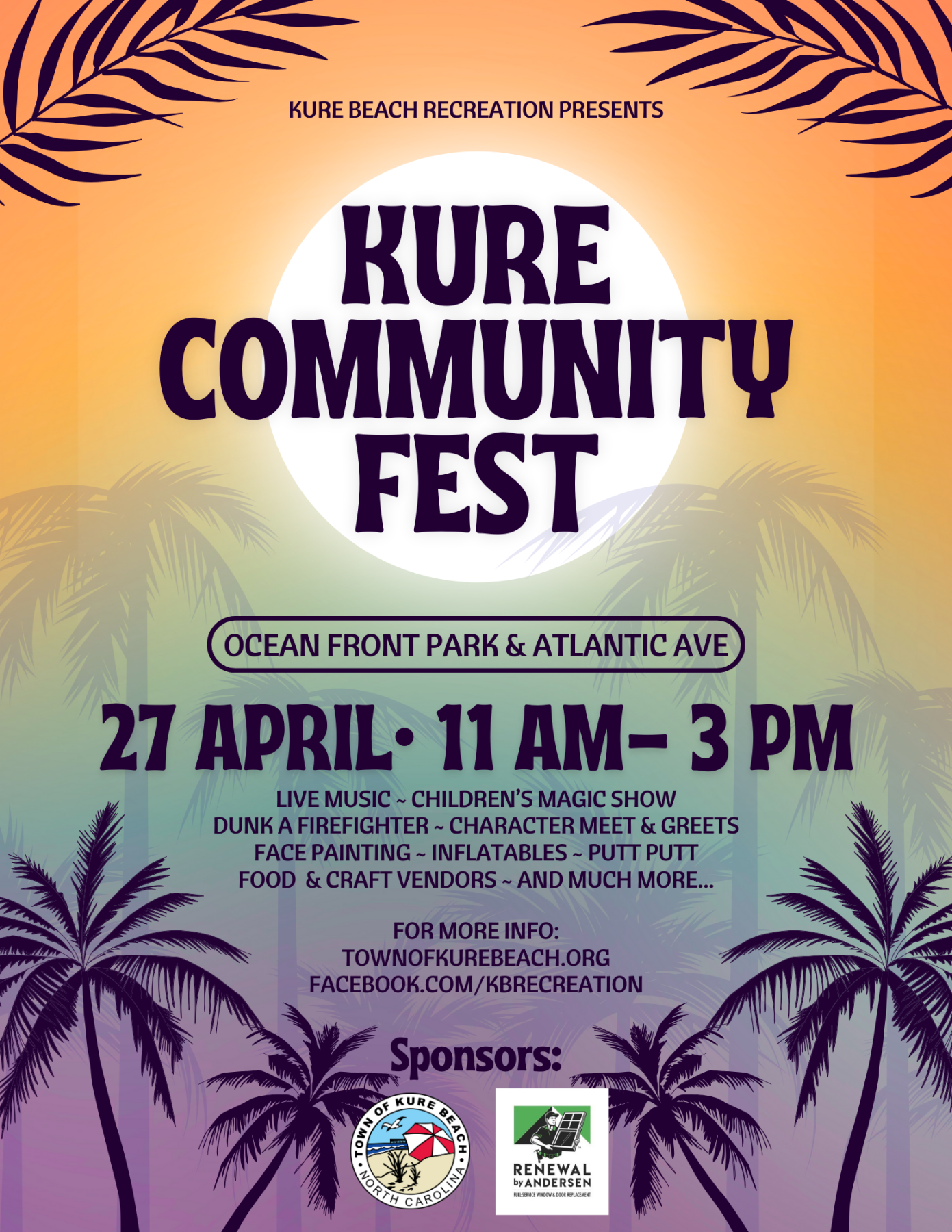 Kure Community Fest event details over colorful background with palm trees and sun images
