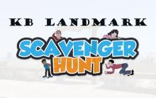 "KB Landmark Scavenger Hunt" text with 4 people searching for clues around the text