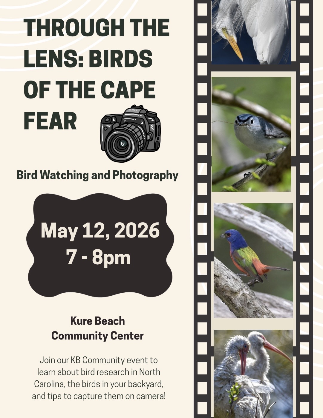 Birding lecture information with pictures of 4 different birds