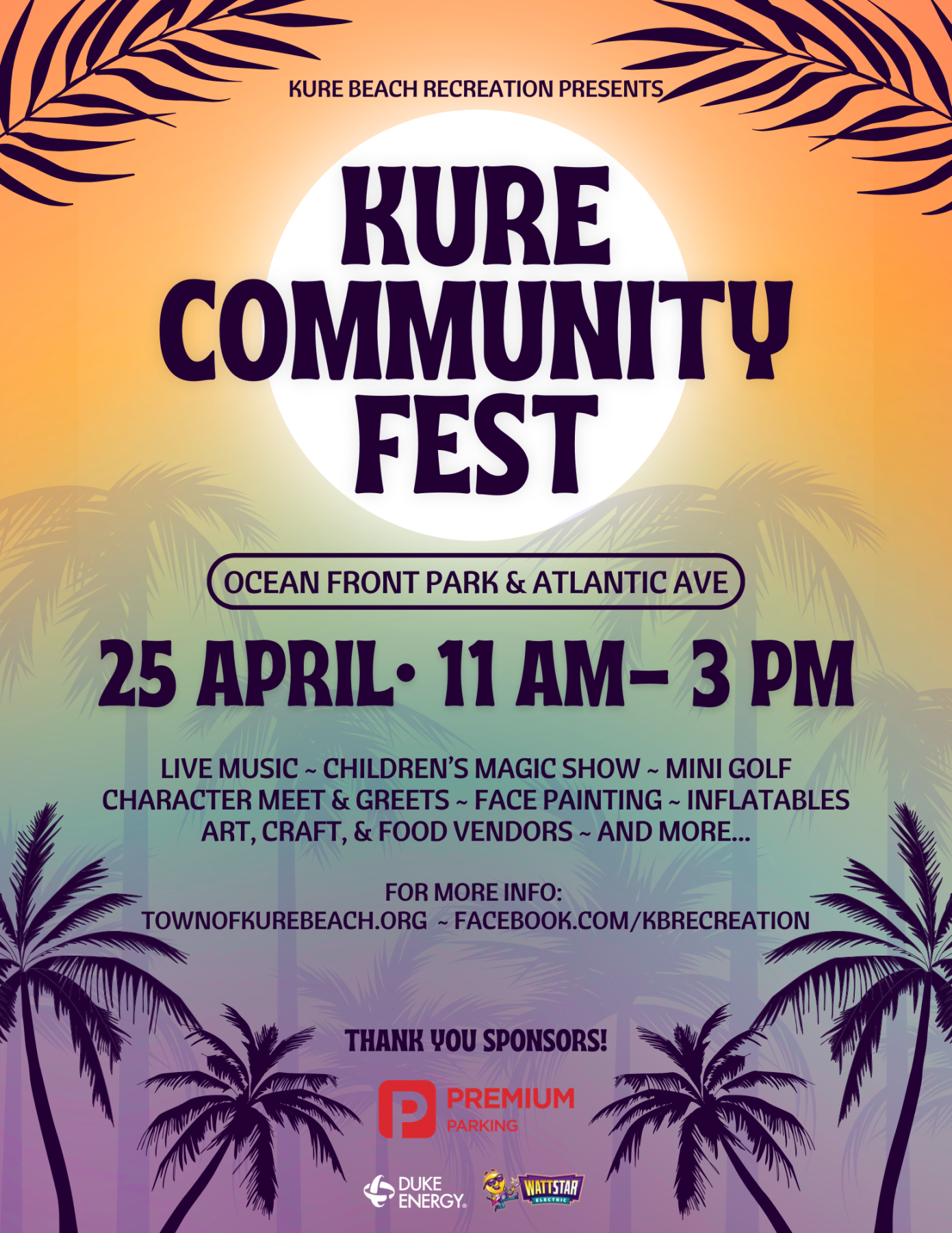 Kure Community Fest details over sunrise beach palm tree background