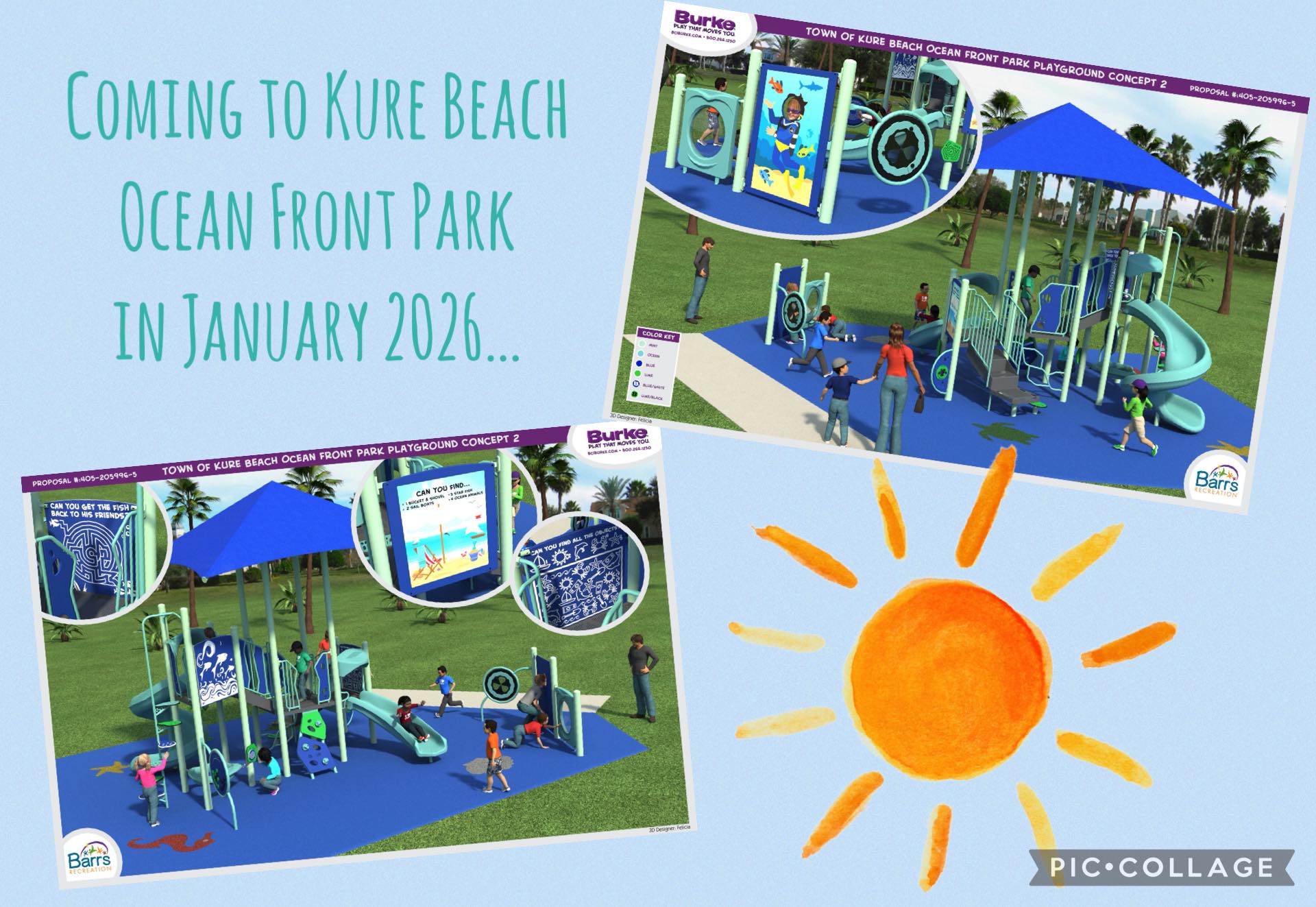 two images of a new playground structure with children playing on it