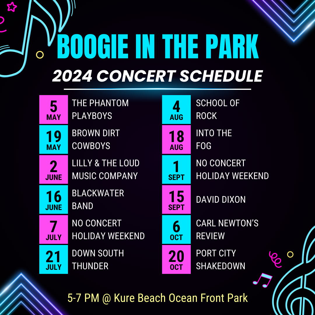Concert schedule list on black background with neon music symbols