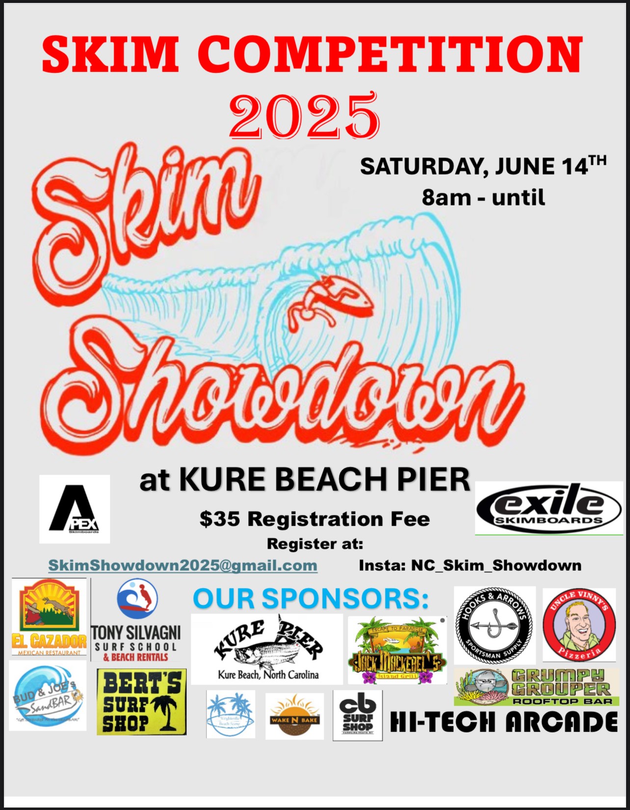2025 Skim Showdown Competition flyer for Saturday, June 14th starting at 8am at the Kure Beach Pier