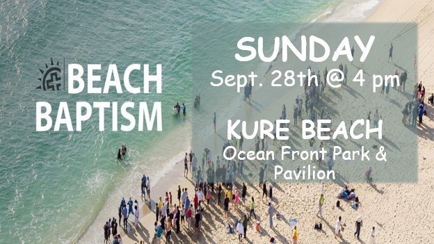 Group of onlookers stand on beach, watching a baptism at the water's edge. Event details overlay the image.