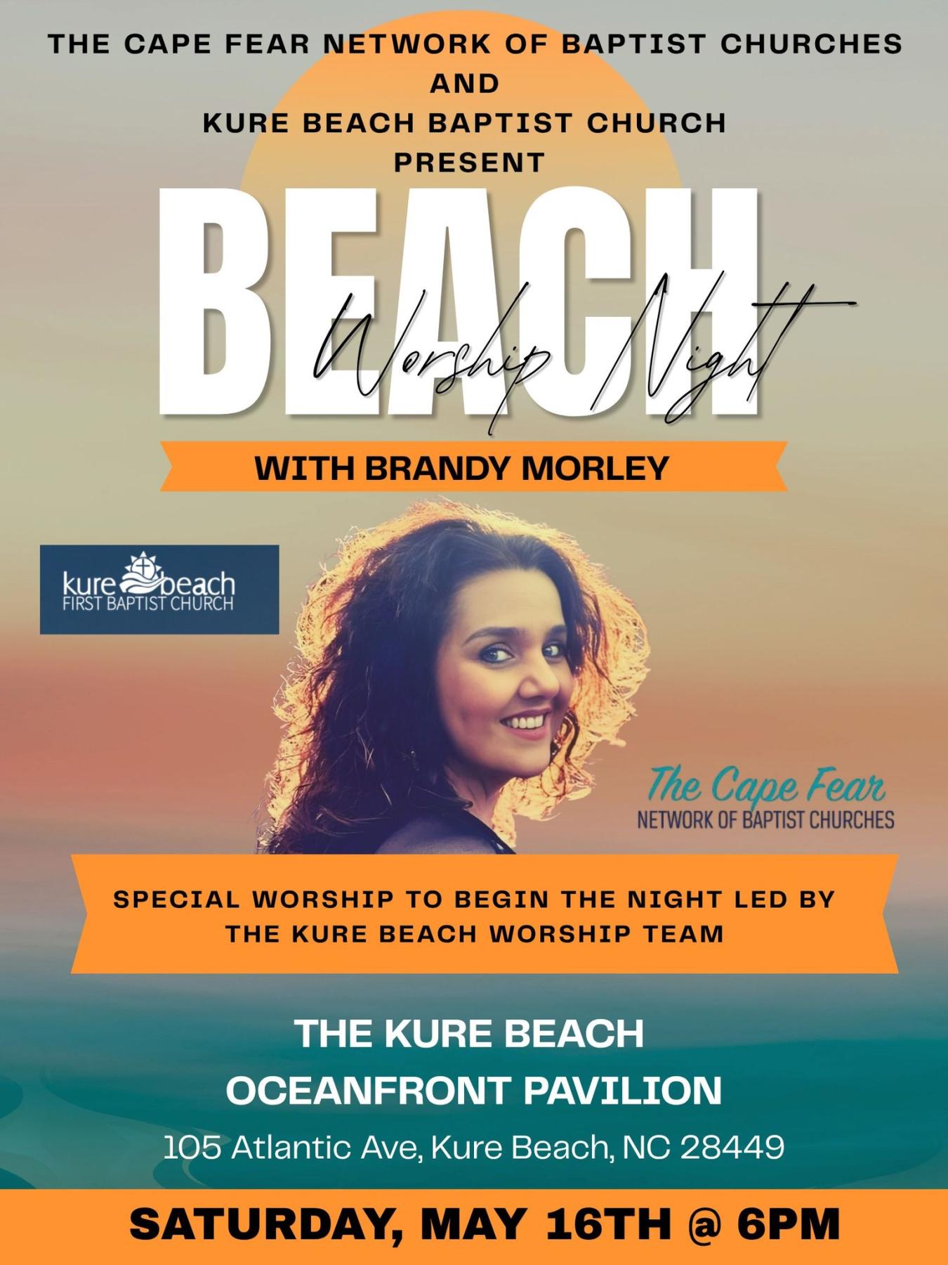 Beach Worship Night details with photo of Brandy Morley over a beach sunset