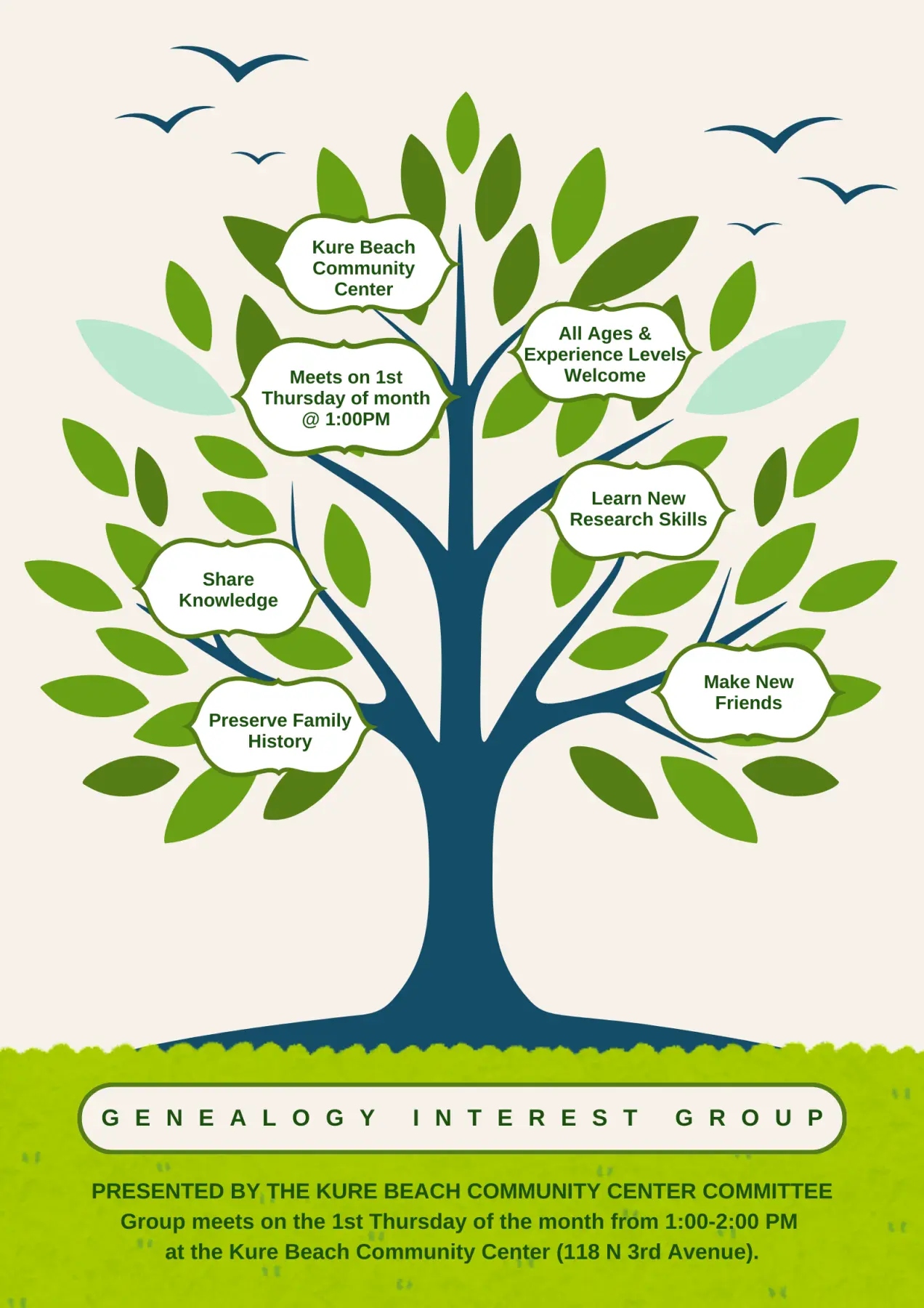 Genealogy Interest Group meeting details over a family tree background