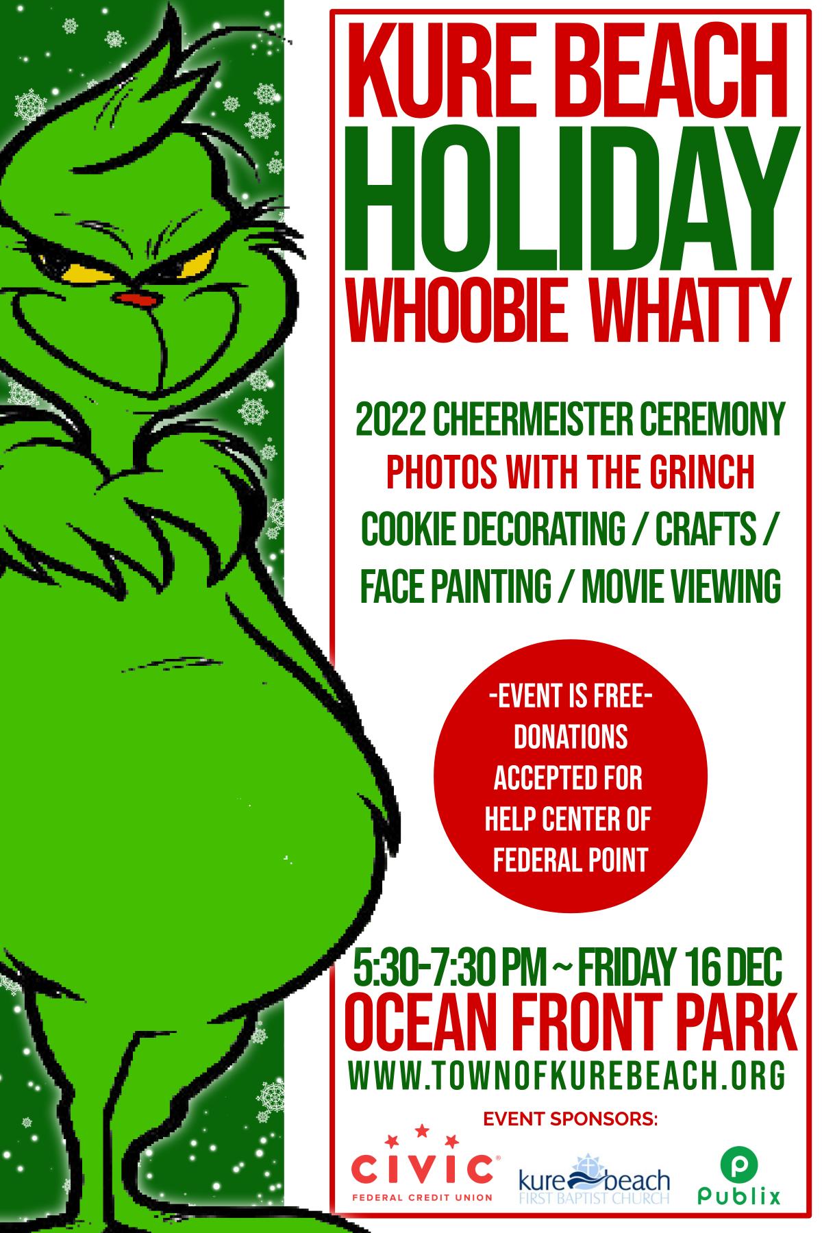 image of the grinch, smirking, next to the event details written out