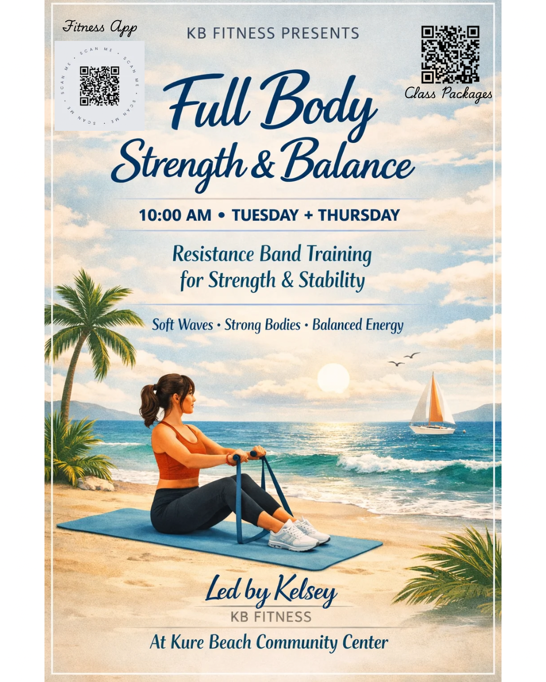 A women working out with elastic bands on the beach with details about KB Fitness class offering