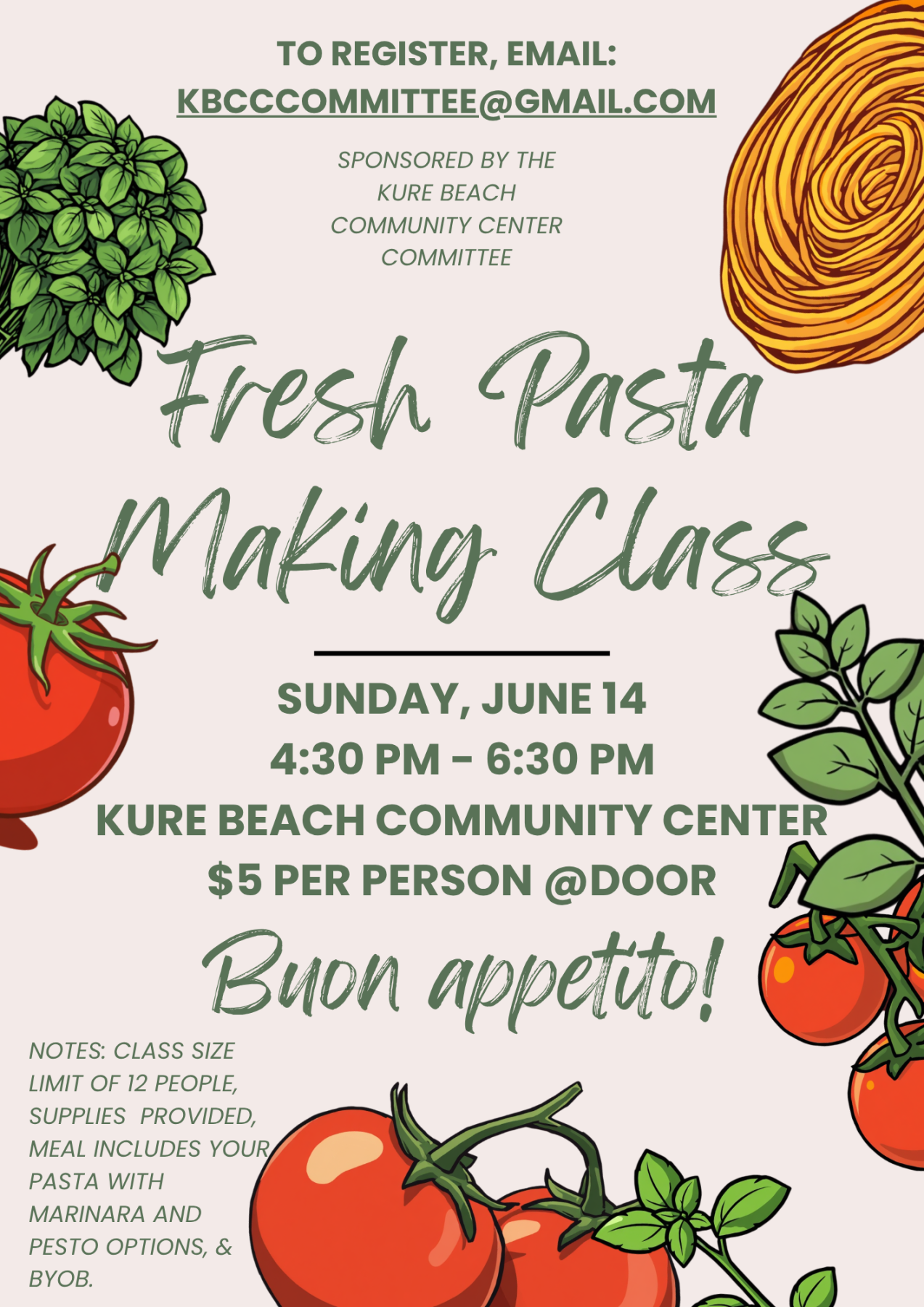 Fresh pasta making class details with tomatoes, basil, and pasta in the background