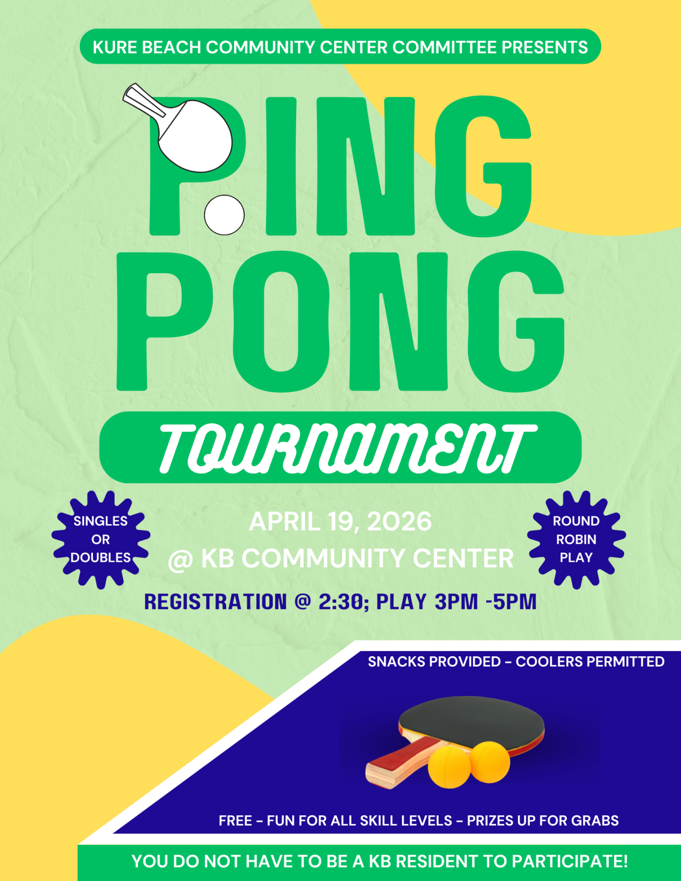 Ping pong tournament details with a ping pong table, paddle, and ball