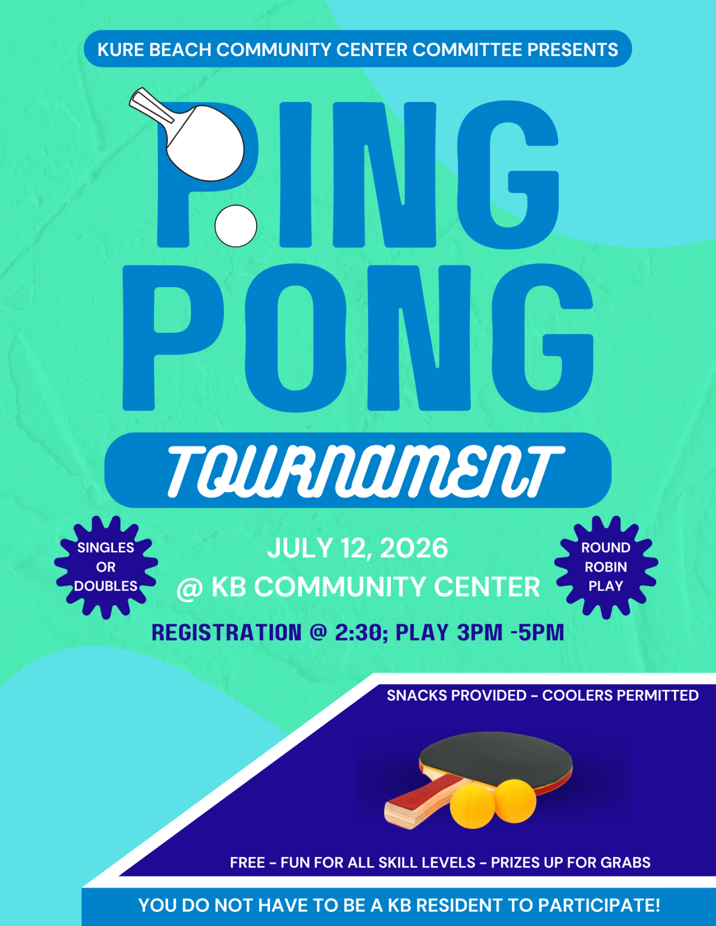 Ping pong tournament details over a ping pong tables with paddle and balls