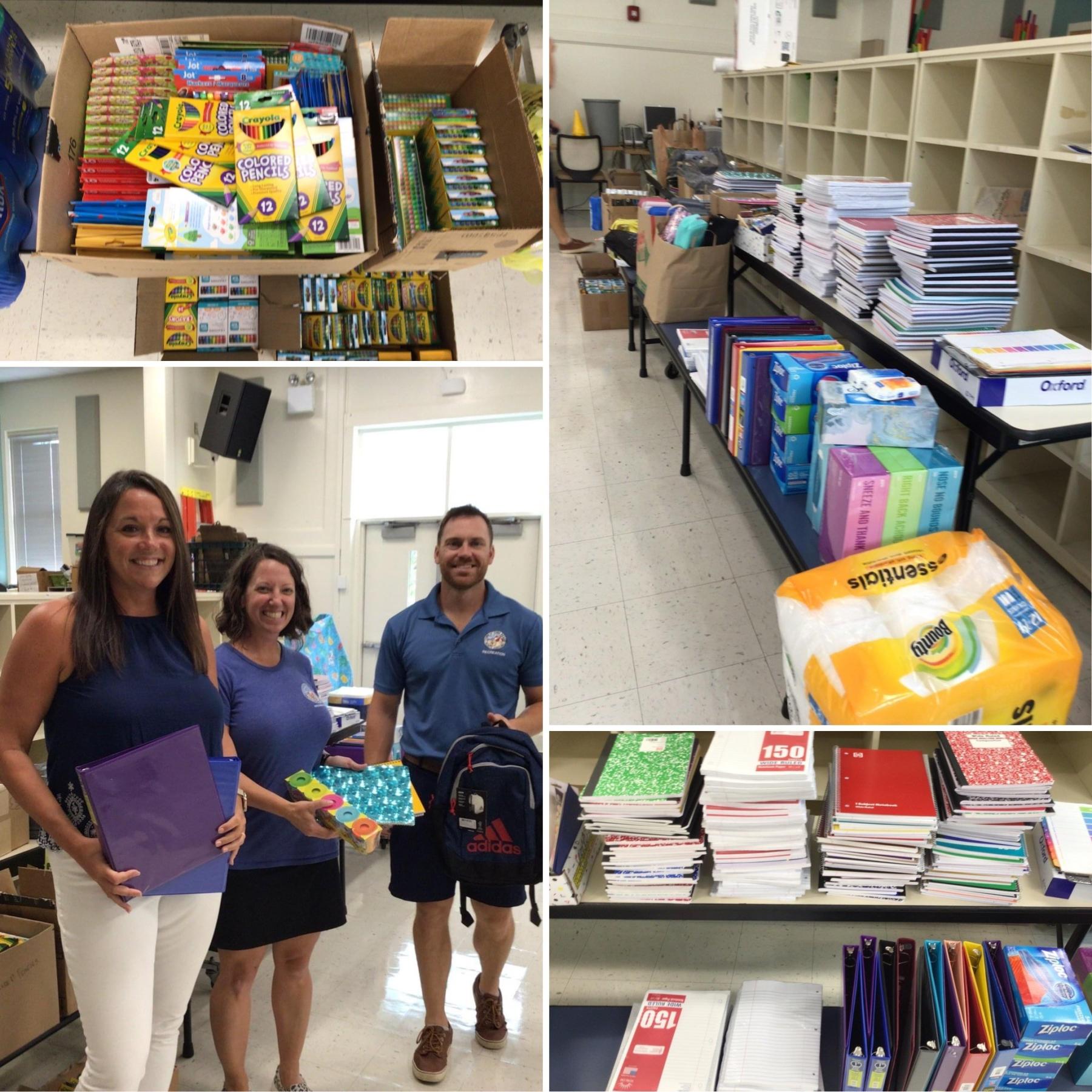 Collage of 4 pictures of the large collection of school supplies donated