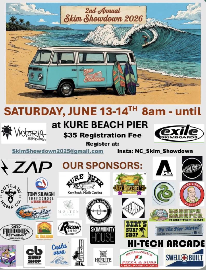 Skim Showdown flyer with event details, sponsor logos, and a beach scene with a painted VW van on the sand with waves crashing in the background