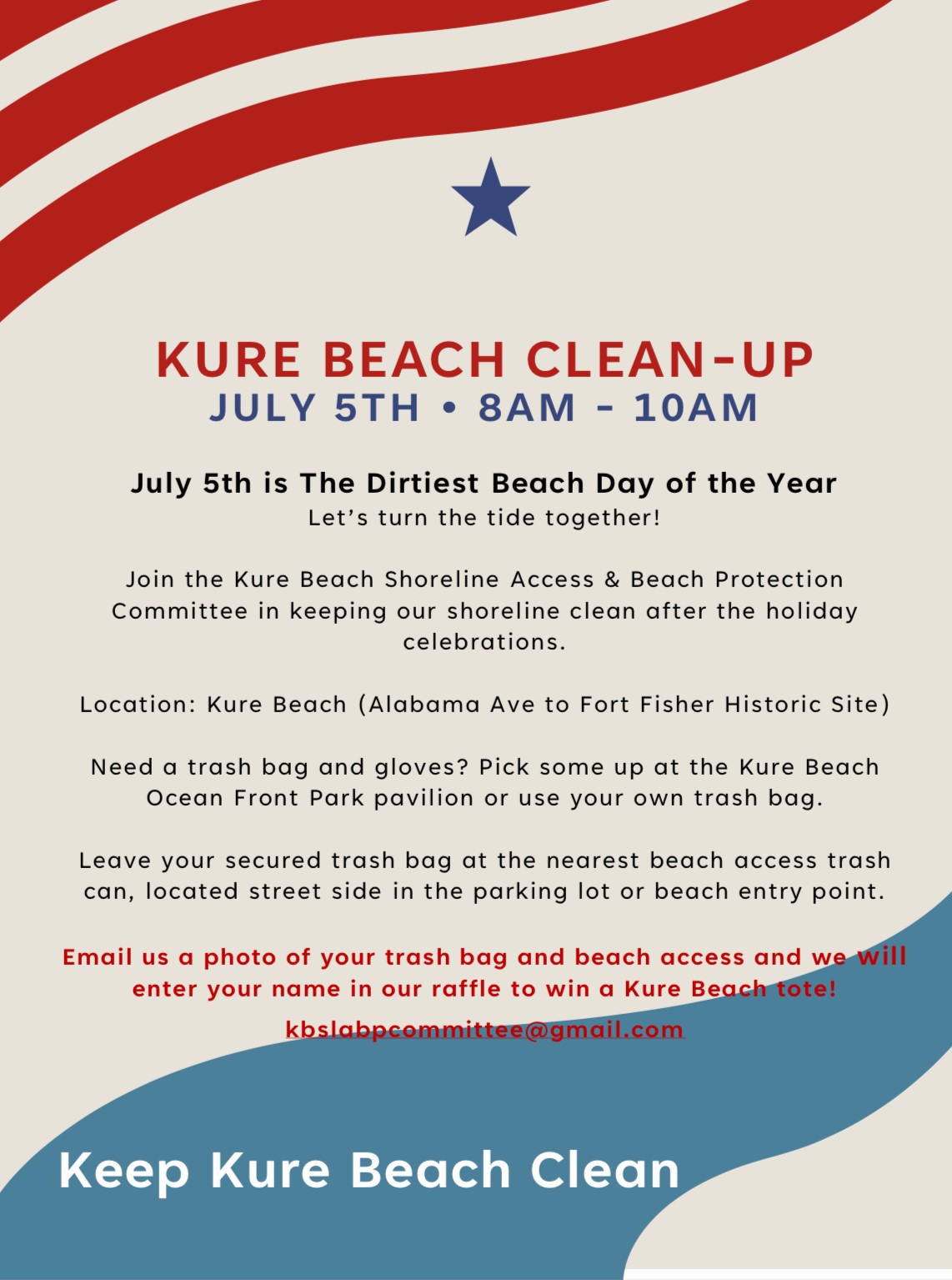 Beach clean up on Saturday, July 5th from 8-10am. Meet at Ocean Front Park. Sponsored by Shoreline Access and Beach Protection Committee