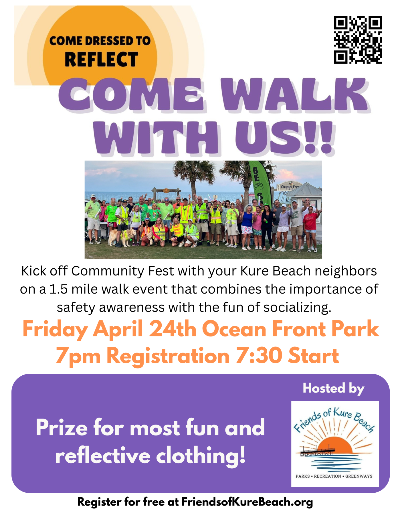 Community Fest Walk details with photo of last year's group and qr code to their website