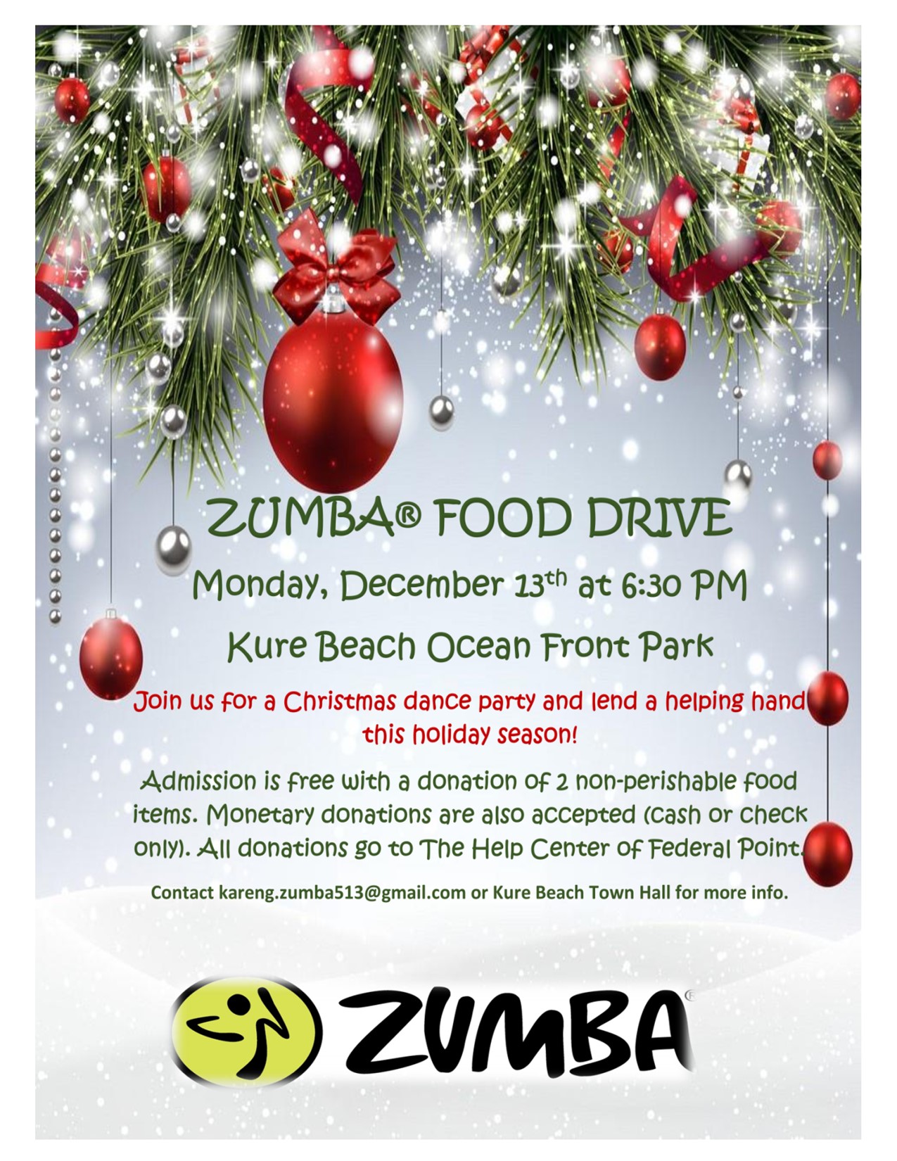Zumba Food Drive details on a Festive Background