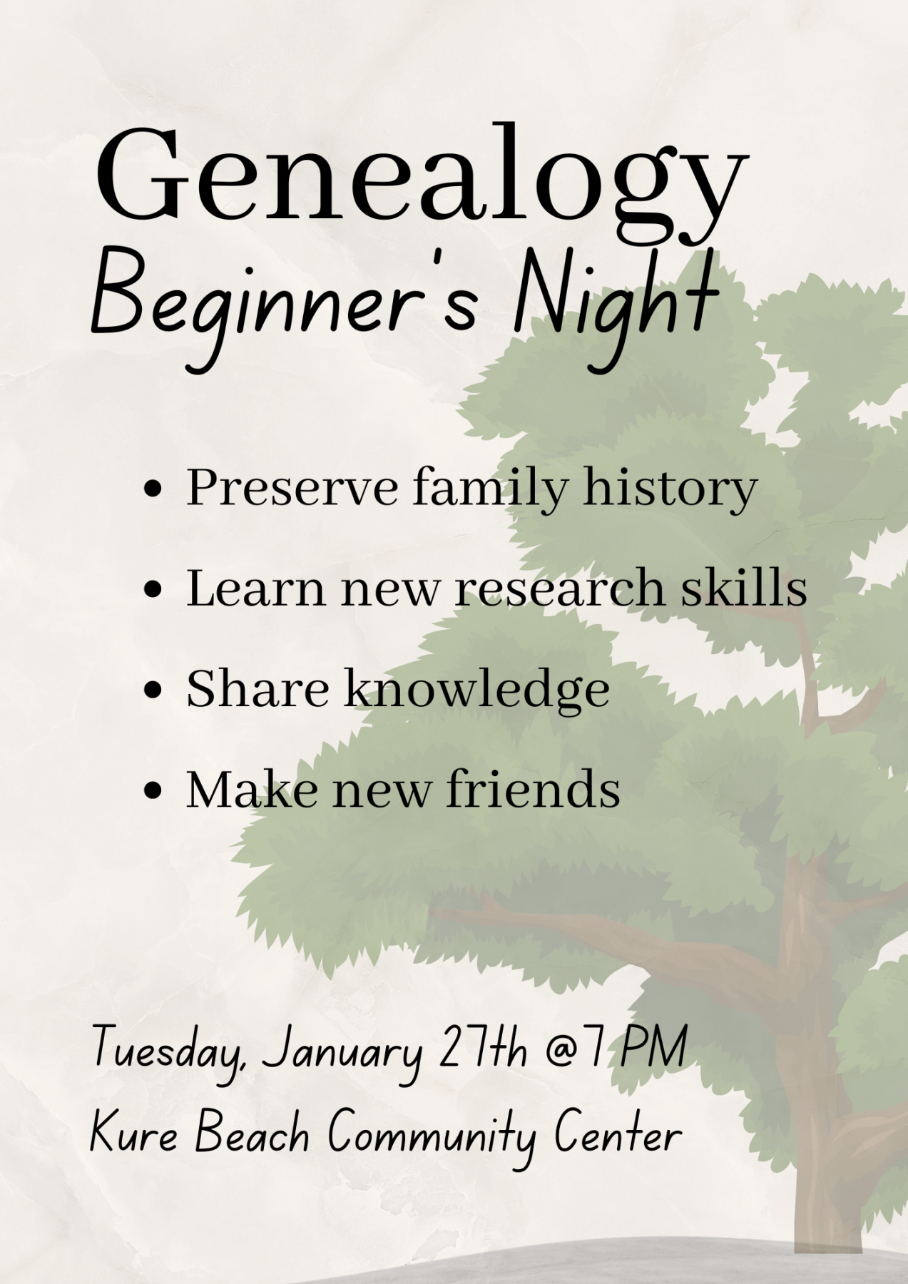 Genealogy beginner's event details over tree background